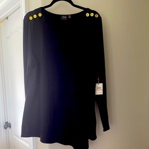 Black long sleeve tunic with flattering elliptical hemline.